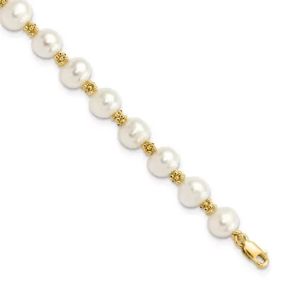 14K Yellow Gold 6-7mm White Round Freshwater Cultured Pearl Bracelet