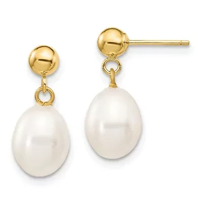 14K Yellow Gold 7-8mm White Rice Freshwater Cultured Pearl Dangle Post Earrings