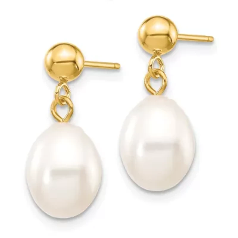 14K Yellow Gold 7-8mm White Rice Freshwater Cultured Pearl Dangle Post Earrings