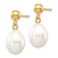14K Yellow Gold 7-8mm White Rice Freshwater Cultured Pearl Dangle Post Earrings