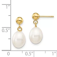 14K Yellow Gold 7-8mm White Rice Freshwater Cultured Pearl Dangle Post Earrings
