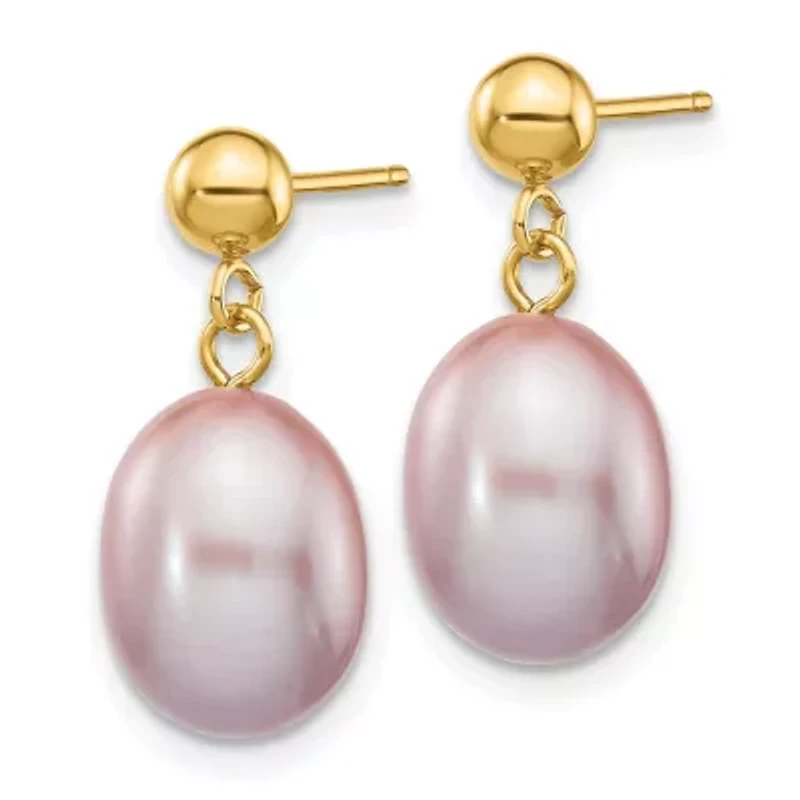 14K Yellow Gold 8-9mm Purple Rice Freshwater Cultured Pearl Dangle Post Earrings
