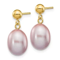 14K Yellow Gold 8-9mm Purple Rice Freshwater Cultured Pearl Dangle Post Earrings