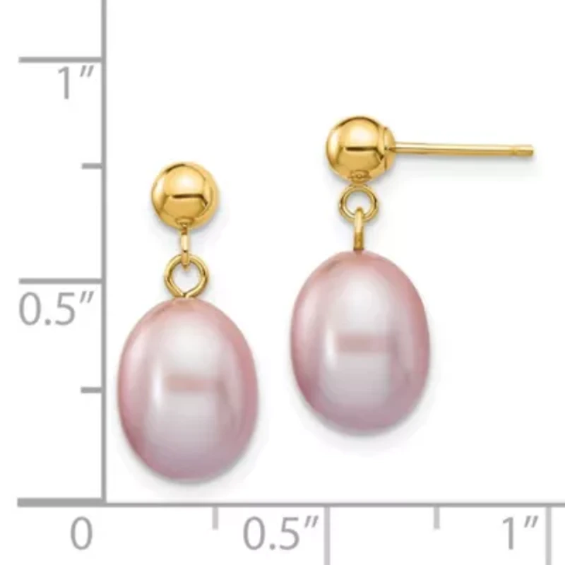 14K Yellow Gold 8-9mm Purple Rice Freshwater Cultured Pearl Dangle Post Earrings