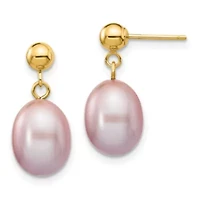 14K Yellow Gold 8-9mm Purple Rice Freshwater Cultured Pearl Dangle Post Earrings