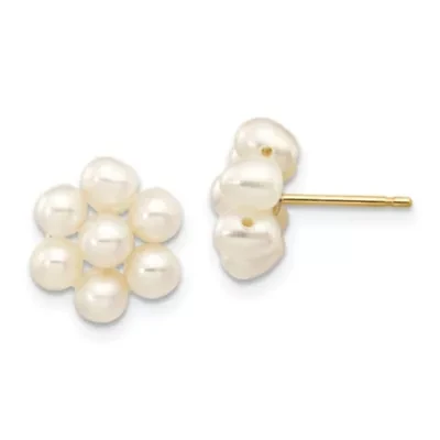 14K Yellow Gold 3-4mm White Egg Freshwater Cultured Pearl Flower Earrings