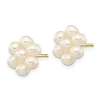 14K Yellow Gold 3-4mm White Egg Freshwater Cultured Pearl Flower Earrings