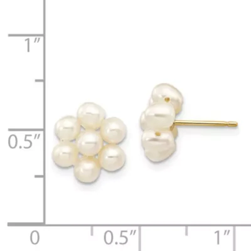 14K Yellow Gold 3-4mm White Egg Freshwater Cultured Pearl Flower Earrings