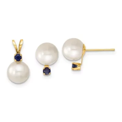 1/3 ct. t.w. Sapphire and 7-8mm White Freshwater Cultured Pearl Stud Earrings and Pendant in 14K Yellow Gold