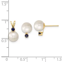 1/3 ct. t.w. Sapphire and 7-8mm White Freshwater Cultured Pearl Stud Earrings and Pendant in 14K Yellow Gold