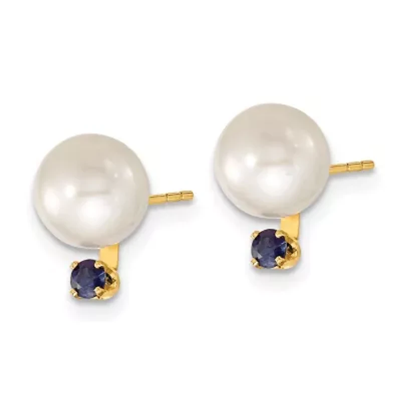 1/3 ct. t.w. Sapphire and 7-8mm White Freshwater Cultured Pearl Stud Earrings and Pendant in 14K Yellow Gold