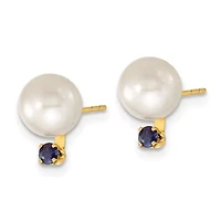 1/3 ct. t.w. Sapphire and 7-8mm White Freshwater Cultured Pearl Stud Earrings and Pendant in 14K Yellow Gold