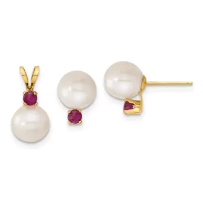 1/3 ct. t.w. Ruby and 7-8mm White Freshwater Cultured Pearl Stud Earrings and Pendant in 14K Yellow Gold