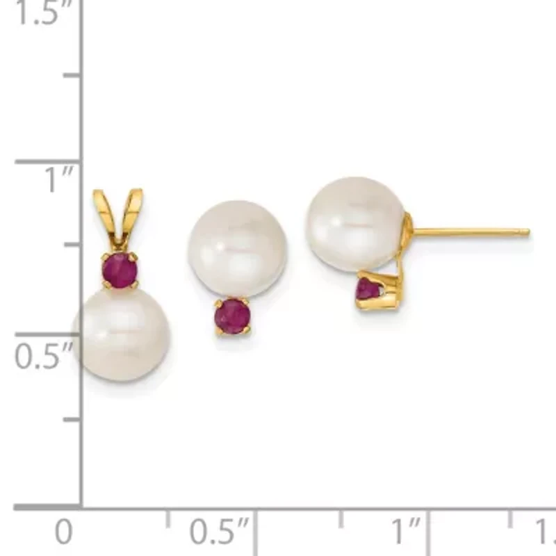 1/3 ct. t.w. Ruby and 7-8mm White Freshwater Cultured Pearl Stud Earrings and Pendant in 14K Yellow Gold