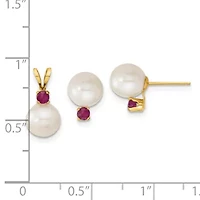 1/3 ct. t.w. Ruby and 7-8mm White Freshwater Cultured Pearl Stud Earrings and Pendant in 14K Yellow Gold