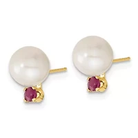 1/3 ct. t.w. Ruby and 7-8mm White Freshwater Cultured Pearl Stud Earrings and Pendant in 14K Yellow Gold
