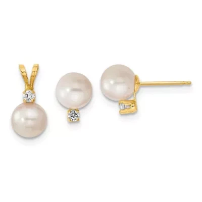 1/10 ct. t.w. Diamonds and 6-7mm Saltwater Akoya Cultured Pearl Earrings and Pendant Set in 14K Yellow Gold