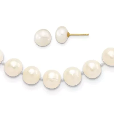 14K Yellow Gold 7-8mm Near Round White Freshwater Cultured Pearl Necklace and Button Earring Set