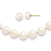 14K Yellow Gold 7-8mm Near Round White Freshwater Cultured Pearl Necklace and Button Earring Set