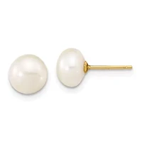 14K Yellow Gold 7-8mm Near Round White Freshwater Cultured Pearl Necklace and Button Earring Set