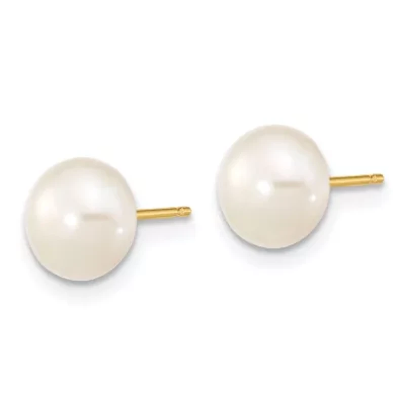 14K Yellow Gold 7-8mm Near Round White Freshwater Cultured Pearl Necklace and Button Earring Set