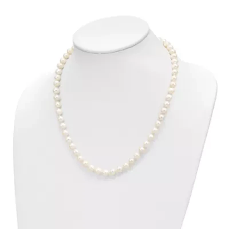 14K Yellow Gold 7-8mm Near Round White Freshwater Cultured Pearl Necklace and Button Earring Set