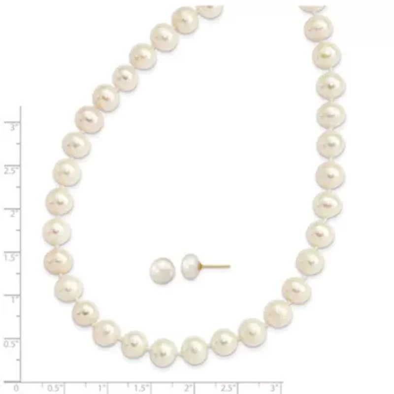 14K Yellow Gold 7-8mm Near Round White Freshwater Cultured Pearl Necklace and Button Earring Set