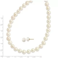 14K Yellow Gold 7-8mm Near Round White Freshwater Cultured Pearl Necklace and Button Earring Set