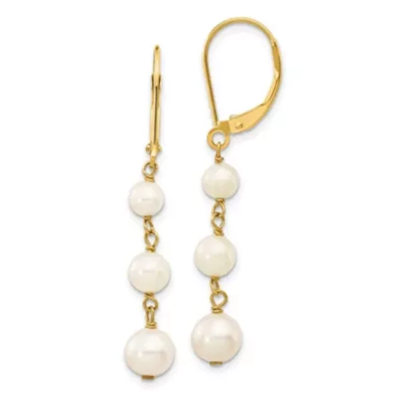 14K Yellow Gold 4-6mm White Semi-round Freshwater Cultured Pearl Graduated Leverback Earrings