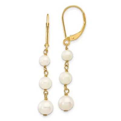 14K Yellow Gold 4-6mm White Semi-round Freshwater Cultured Pearl Graduated Leverback Earrings