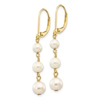 14K Yellow Gold 4-6mm White Semi-round Freshwater Cultured Pearl Graduated Leverback Earrings