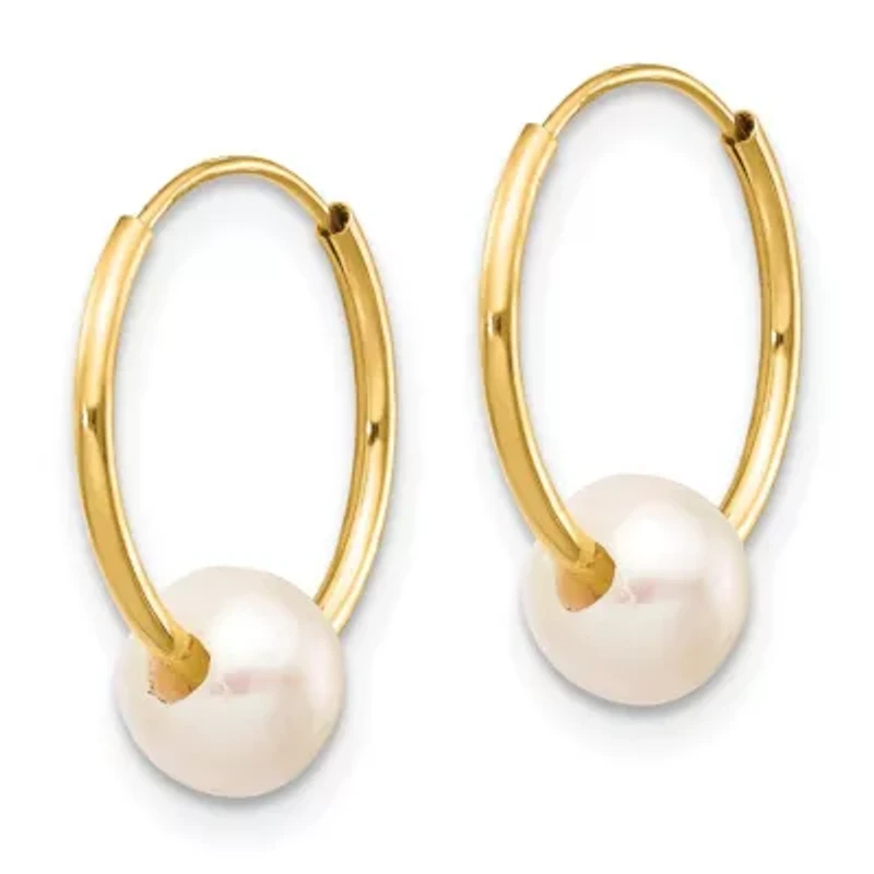 14K Yellow Gold 5-6mm White Semi-round Freshwater Cultured Pearl Endless Hoop Earrings