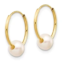 14K Yellow Gold 5-6mm White Semi-round Freshwater Cultured Pearl Endless Hoop Earrings