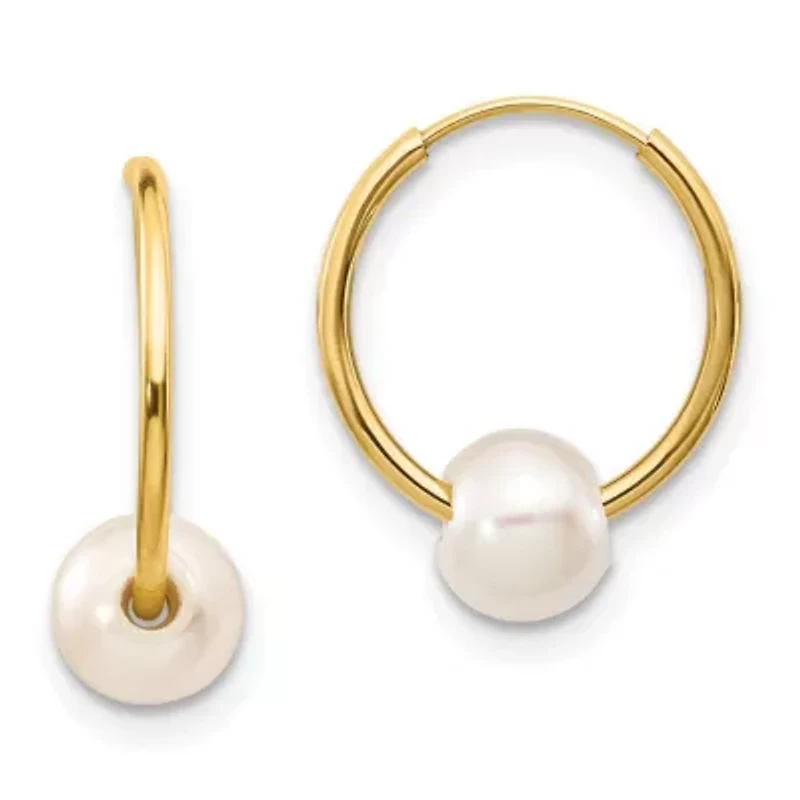 14K Yellow Gold 5-6mm White Semi-round Freshwater Cultured Pearl Endless Hoop Earrings
