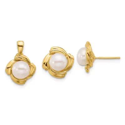 14K Yellow Gold 6-7mm White Button Freshwater Cultured Pearl Earring and Pendant Set