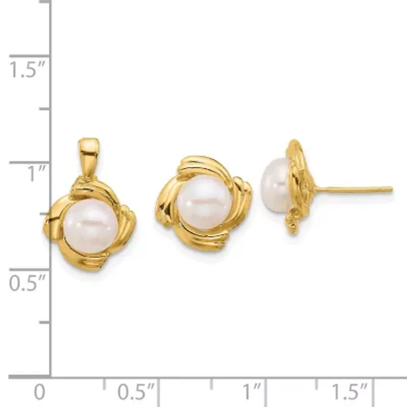 14K Yellow Gold 6-7mm White Button Freshwater Cultured Pearl Earring and Pendant Set