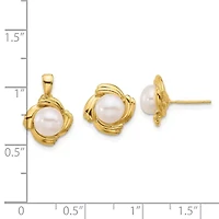 14K Yellow Gold 6-7mm White Button Freshwater Cultured Pearl Earring and Pendant Set