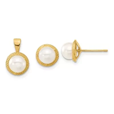 14K Yellow Gold 5-6mm White Button Freshwater Cultured Pearl Earring and Pendant Set