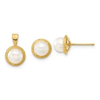 14K Yellow Gold 5-6mm White Button Freshwater Cultured Pearl Earring and Pendant Set