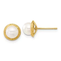 14K Yellow Gold 5-6mm White Button Freshwater Cultured Pearl Earring and Pendant Set