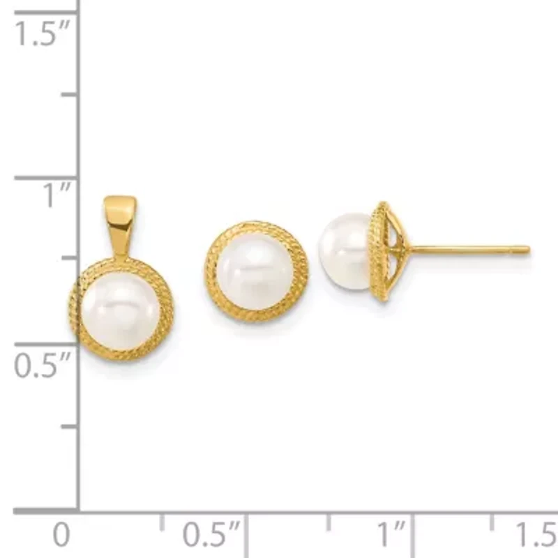 14K Yellow Gold 5-6mm White Button Freshwater Cultured Pearl Earring and Pendant Set