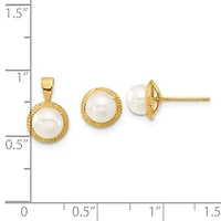 14K Yellow Gold 5-6mm White Button Freshwater Cultured Pearl Earring and Pendant Set