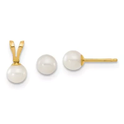 14K Yellow Gold Children's 4-5mm White Freshwater Cultured Pearl Pendant and Earring Set
