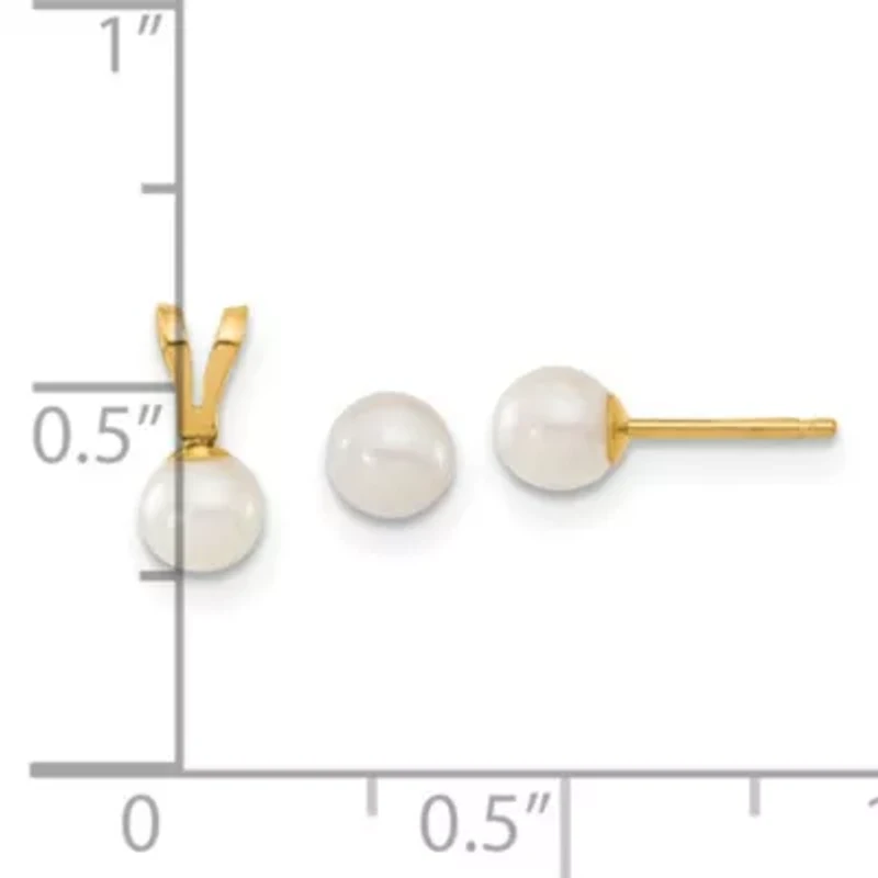 14K Yellow Gold Children's 4-5mm White Freshwater Cultured Pearl Pendant and Earring Set