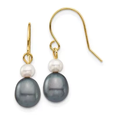 14K Yellow Gold 4-7mm White/Black Round/Rice Freshwater Cultured Pearl Dangle Earrings