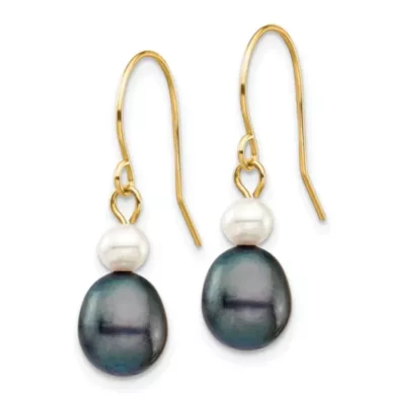 14K Yellow Gold 4-7mm White/Black Round/Rice Freshwater Cultured Pearl Dangle Earrings