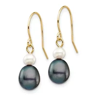 14K Yellow Gold 4-7mm White/Black Round/Rice Freshwater Cultured Pearl Dangle Earrings