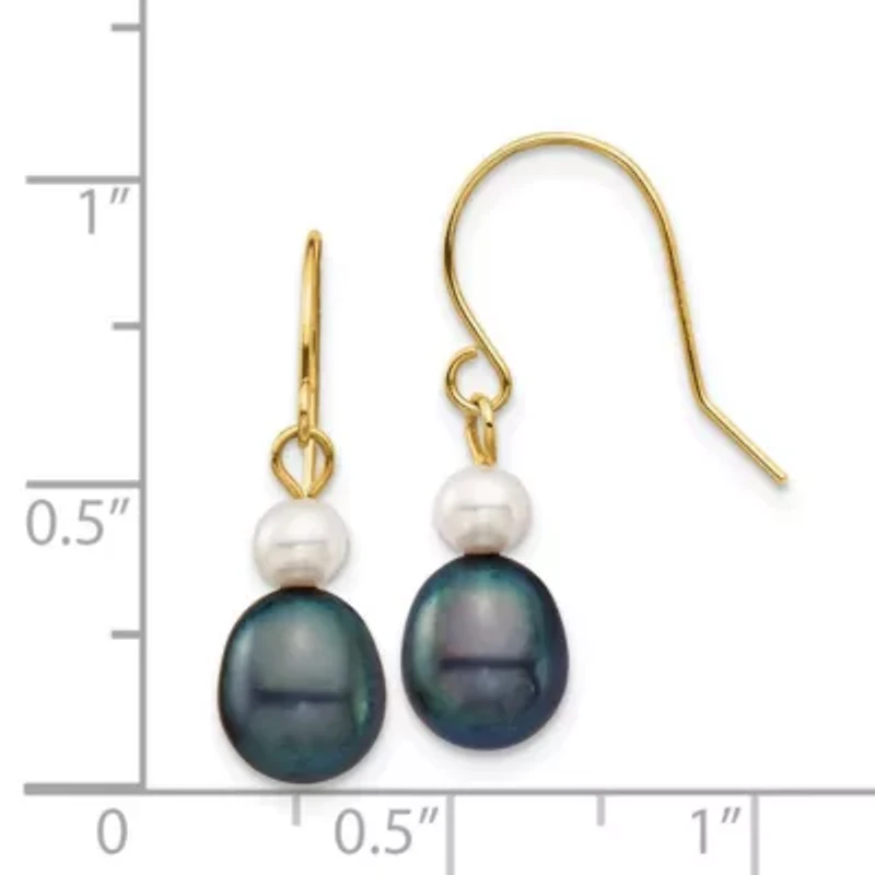14K Yellow Gold 4-7mm White/Black Round/Rice Freshwater Cultured Pearl Dangle Earrings