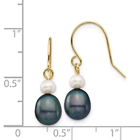 14K Yellow Gold 4-7mm White/Black Round/Rice Freshwater Cultured Pearl Dangle Earrings