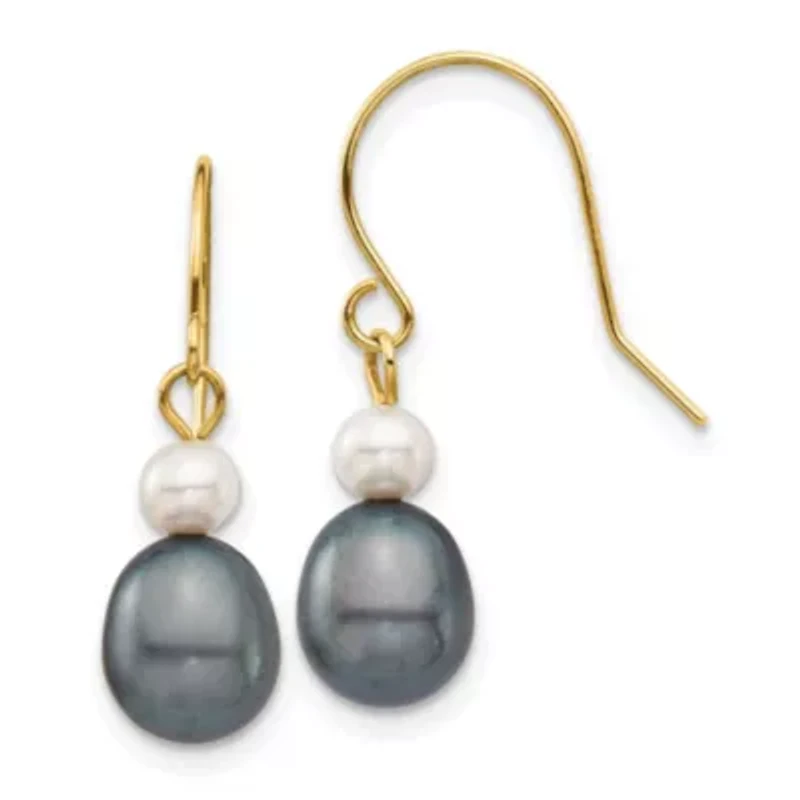 14K Yellow Gold 4-7mm White/Black Round/Rice Freshwater Cultured Pearl Dangle Earrings